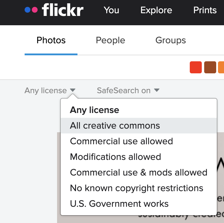 screenshot showing detail of flickr.com license search options